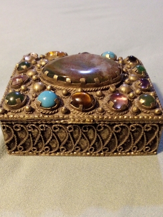 None Jewelry - Gold-Brass Tone Multicolor Stone Jewelry Box